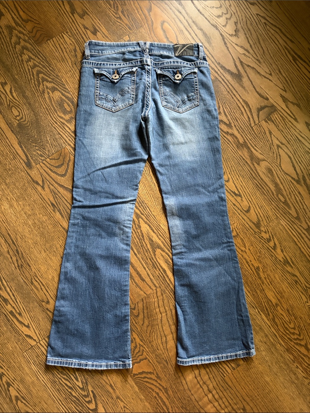 Vintage Vanity Low Rise Flare Jeans with Button-Trim Pockets